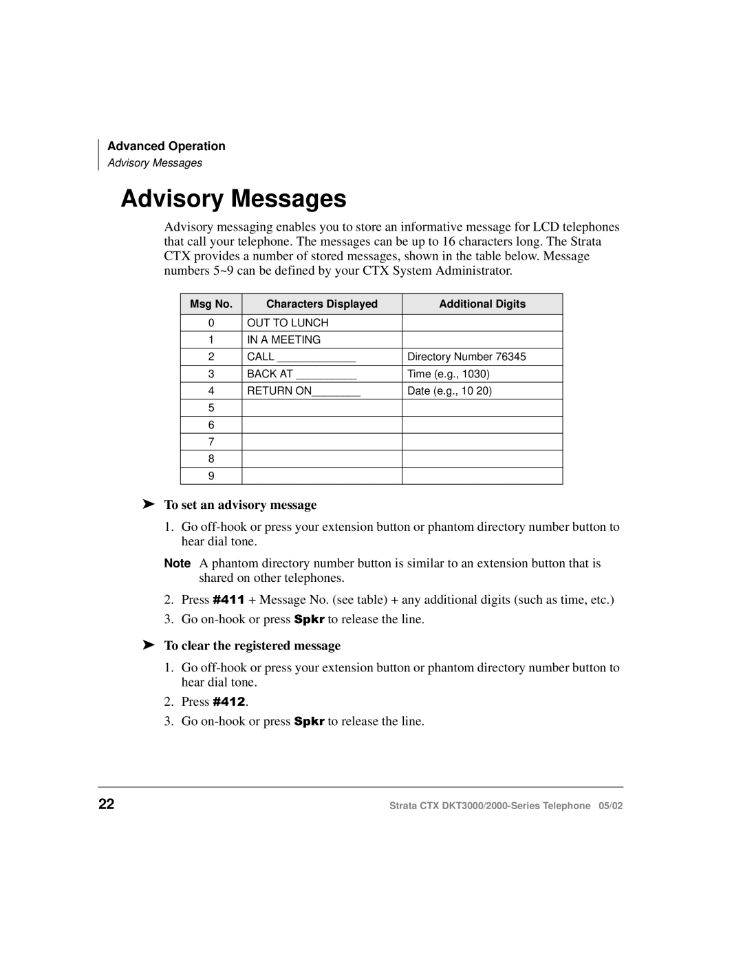 Toshiba DKT3000 manual Advisory Messages, To set an advisory message, To clear the registered message 