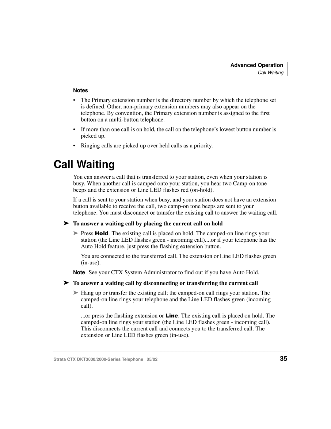 Toshiba DKT3000 manual Call Waiting, To answer a waiting call by placing the current call on hold 