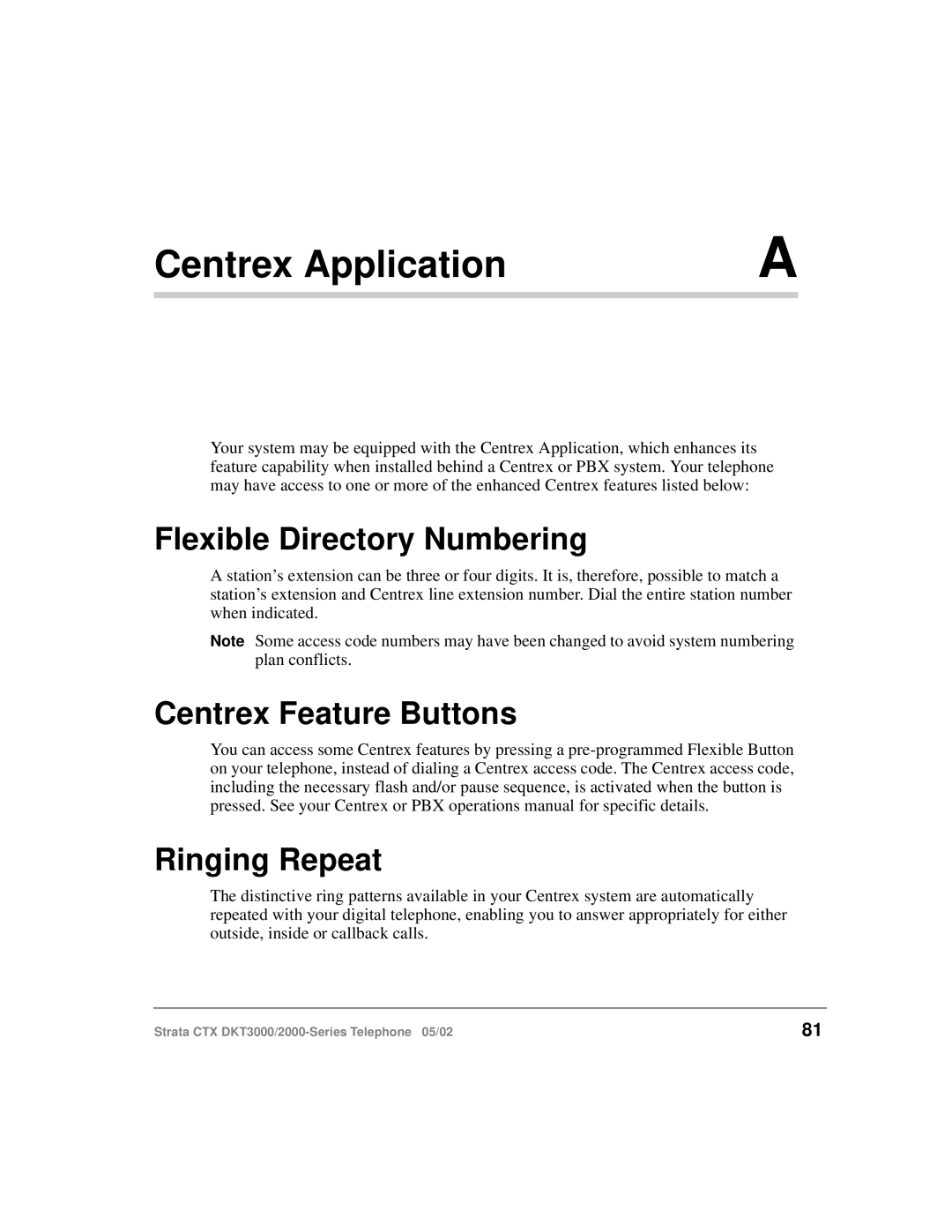 Toshiba DKT3000 manual Centrex Application, Flexible Directory Numbering, Centrex Feature Buttons, Ringing Repeat 