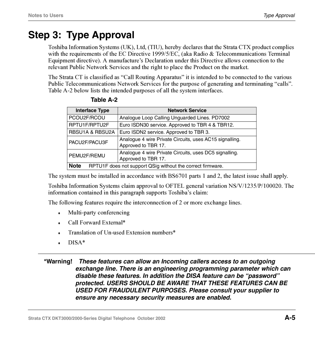 Toshiba DKT3000 manual Type Approval, Table A-2, Interface Type Network Service 