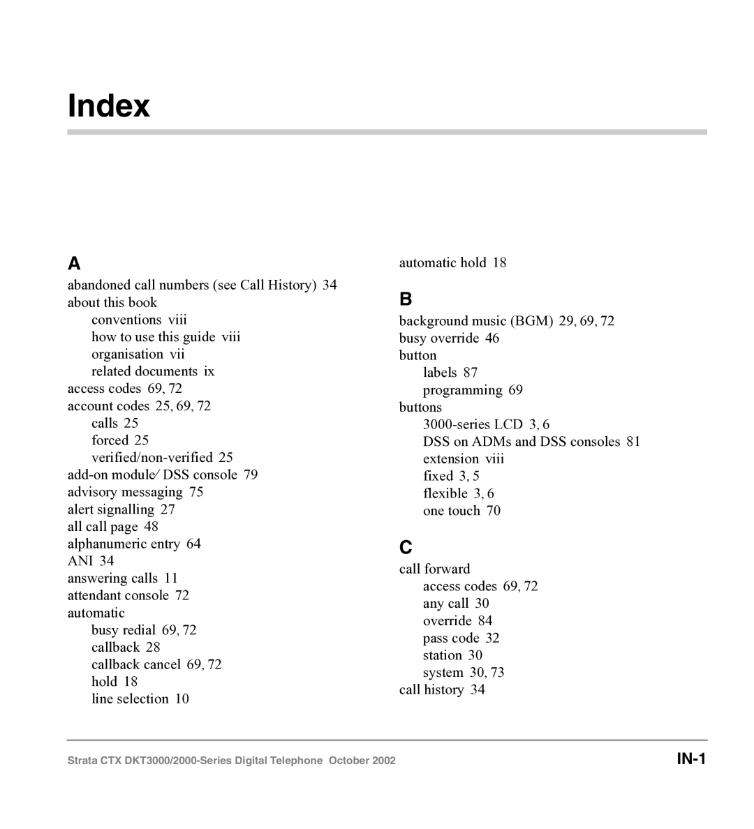 Toshiba DKT3000 manual Index, IN-1 