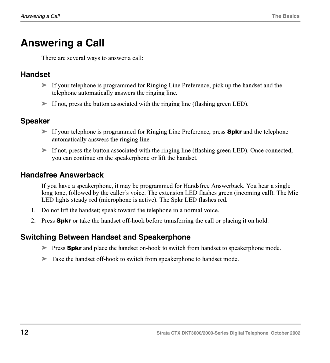 Toshiba DKT3000 manual Answering a Call, Handsfree Answerback, Switching Between Handset and Speakerphone 