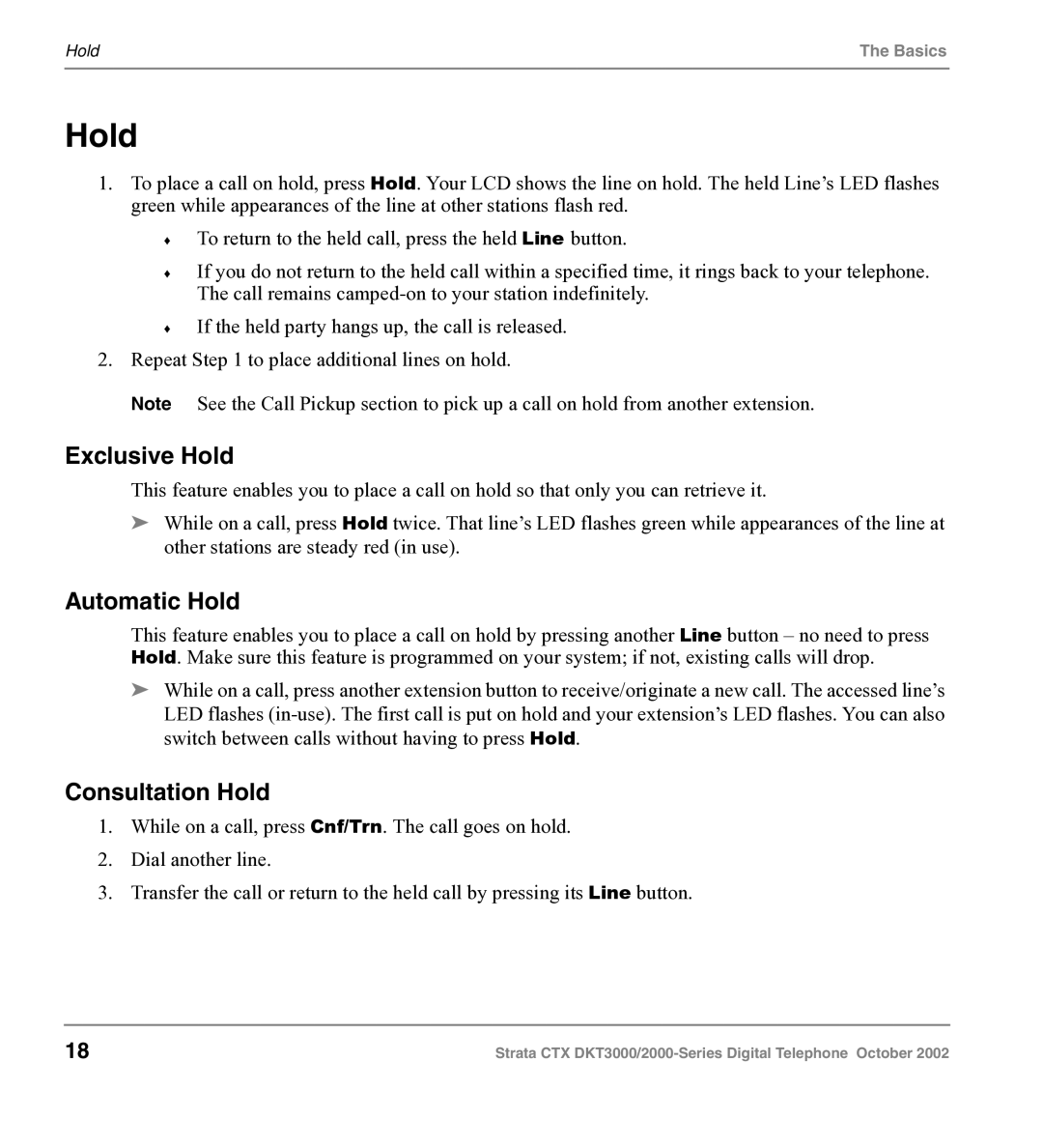 Toshiba DKT3000 manual Exclusive Hold, Automatic Hold, Consultation Hold 