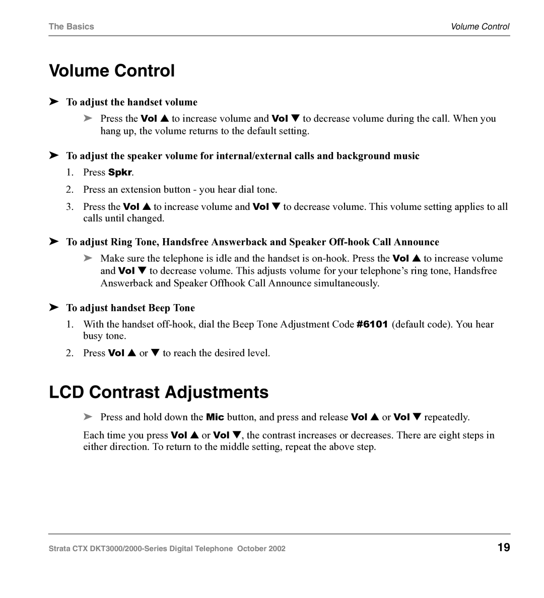 Toshiba DKT3000 manual Volume Control, LCD Contrast Adjustments, To adjust the handset volume, To adjust handset Beep Tone 