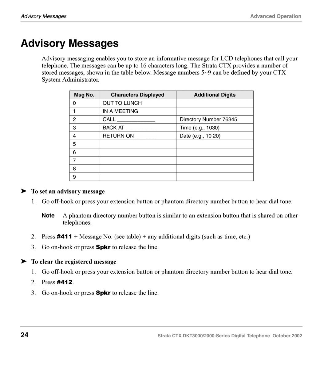 Toshiba DKT3000 manual Advisory Messages, To set an advisory message, To clear the registered message 