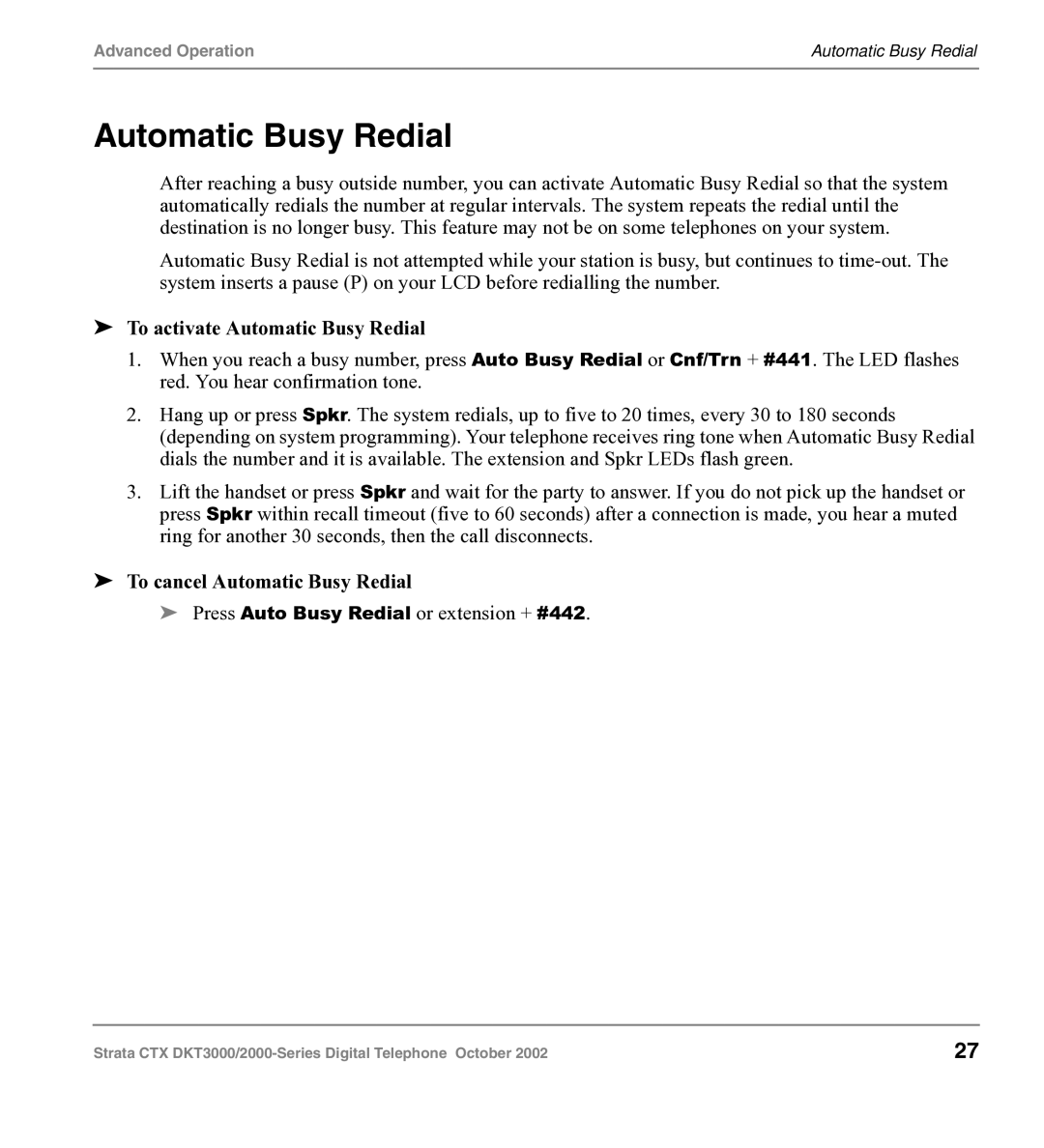 Toshiba DKT3000 manual To activate Automatic Busy Redial, To cancel Automatic Busy Redial 