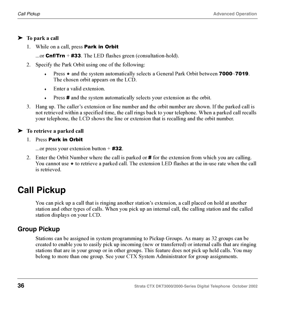 Toshiba DKT3000 manual Call Pickup, Group Pickup, To park a call, To retrieve a parked call 