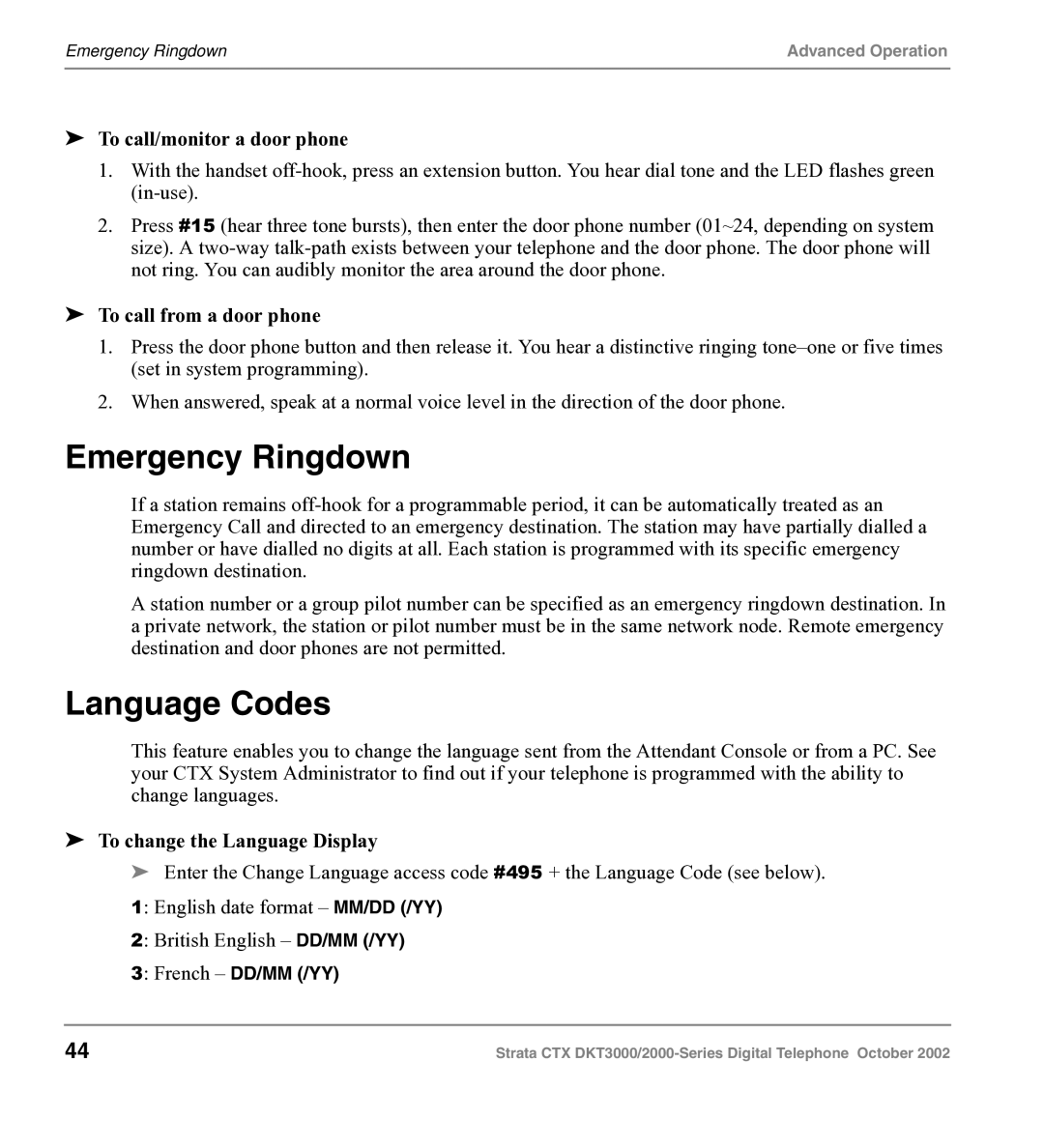 Toshiba DKT3000 manual Emergency Ringdown, Language Codes, To call/monitor a door phone, To call from a door phone 