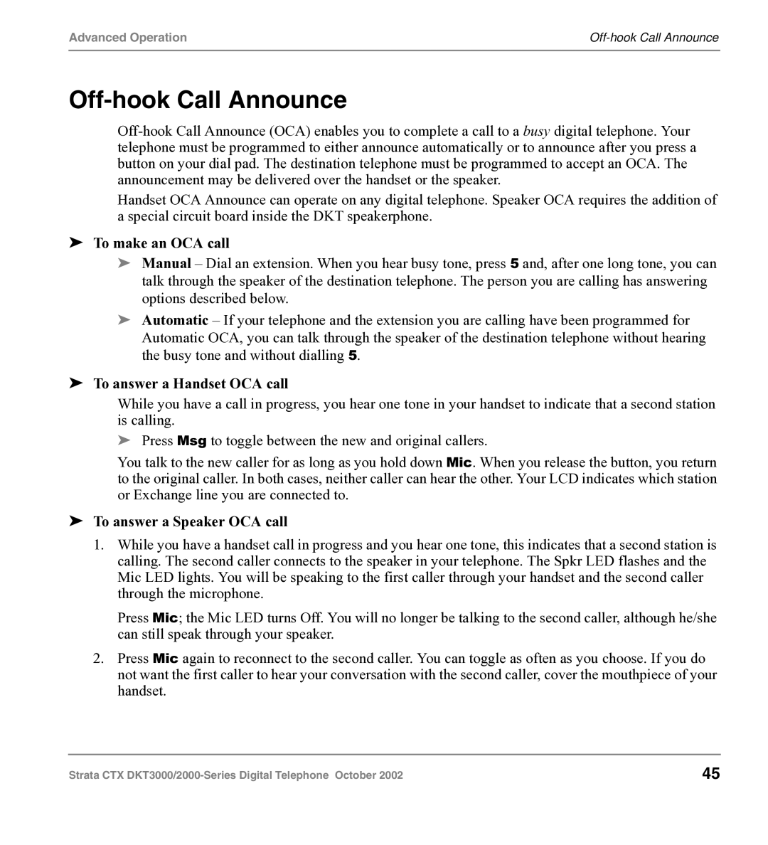 Toshiba DKT3000 Off-hook Call Announce, To make an OCA call, To answer a Handset OCA call, To answer a Speaker OCA call 