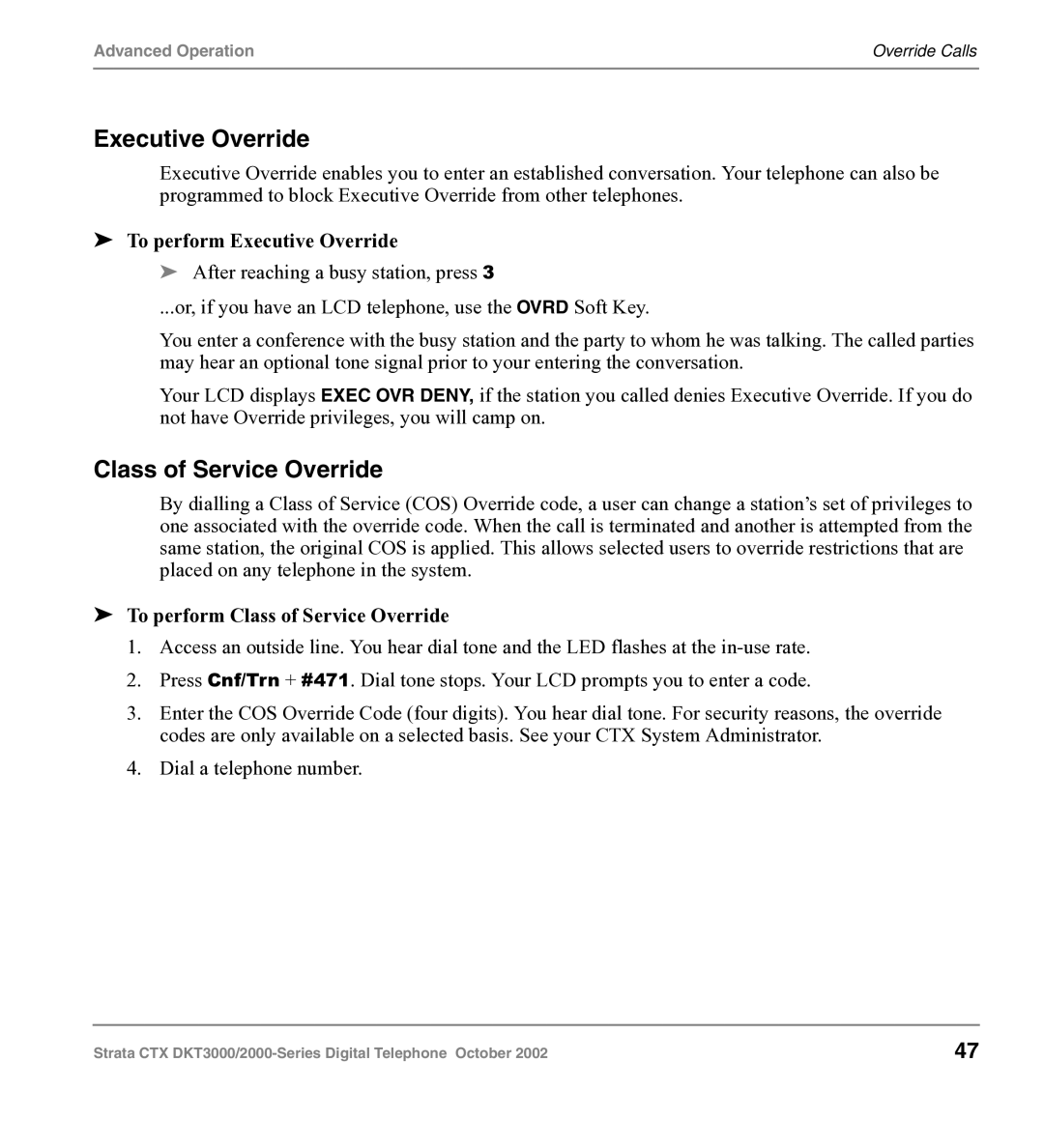 Toshiba DKT3000 manual To perform Executive Override, To perform Class of Service Override 