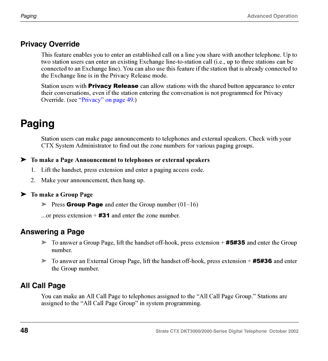 Toshiba DKT3000 manual Paging, Privacy Override, Answering a, All Call, To make a Group 