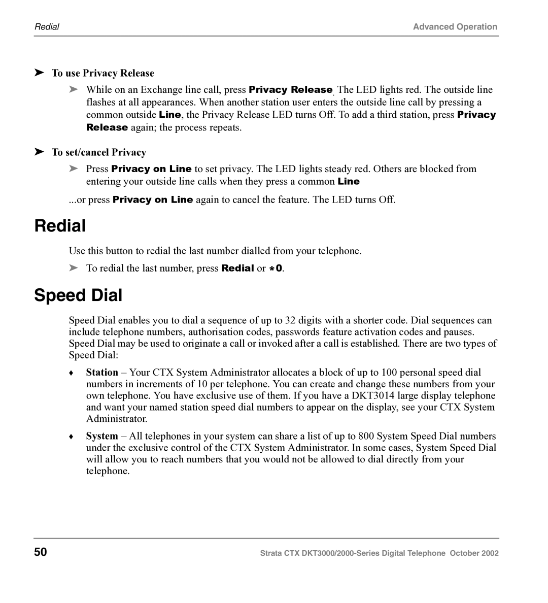 Toshiba DKT3000 manual Redial, Speed Dial, To use Privacy Release, To set/cancel Privacy 