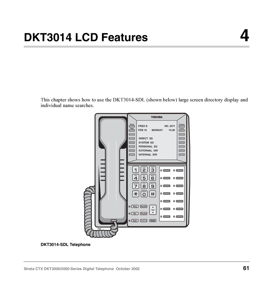 Toshiba DKT3000 manual DKT3014 LCD Features, DKT3014-SDL Telephone 