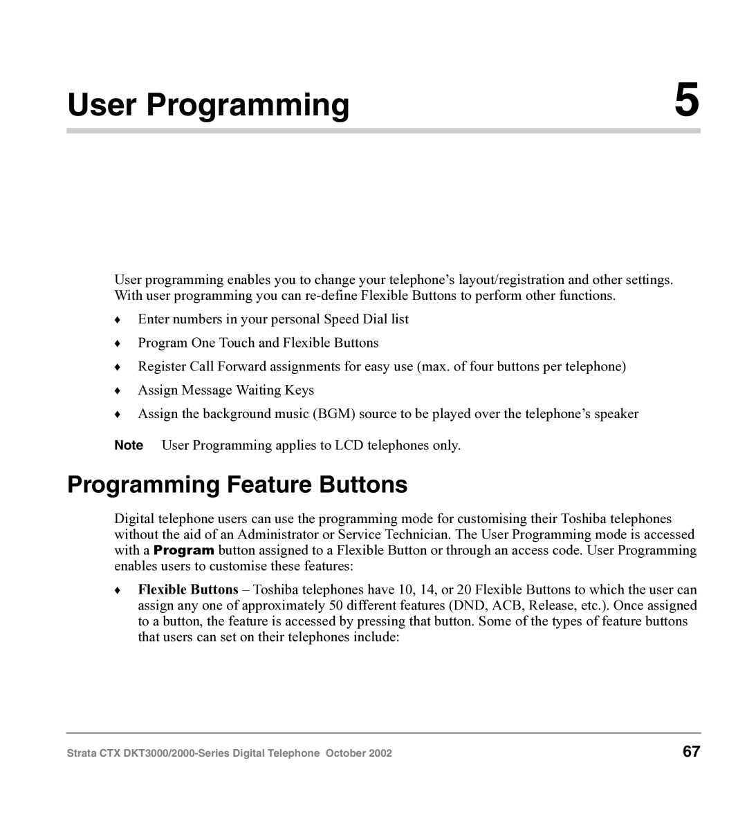 Toshiba DKT3000 manual User Programming, Programming Feature Buttons 