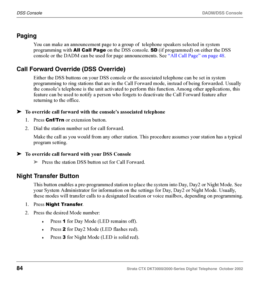 Toshiba DKT3000 manual Paging, Call Forward Override DSS Override, Night Transfer Button 