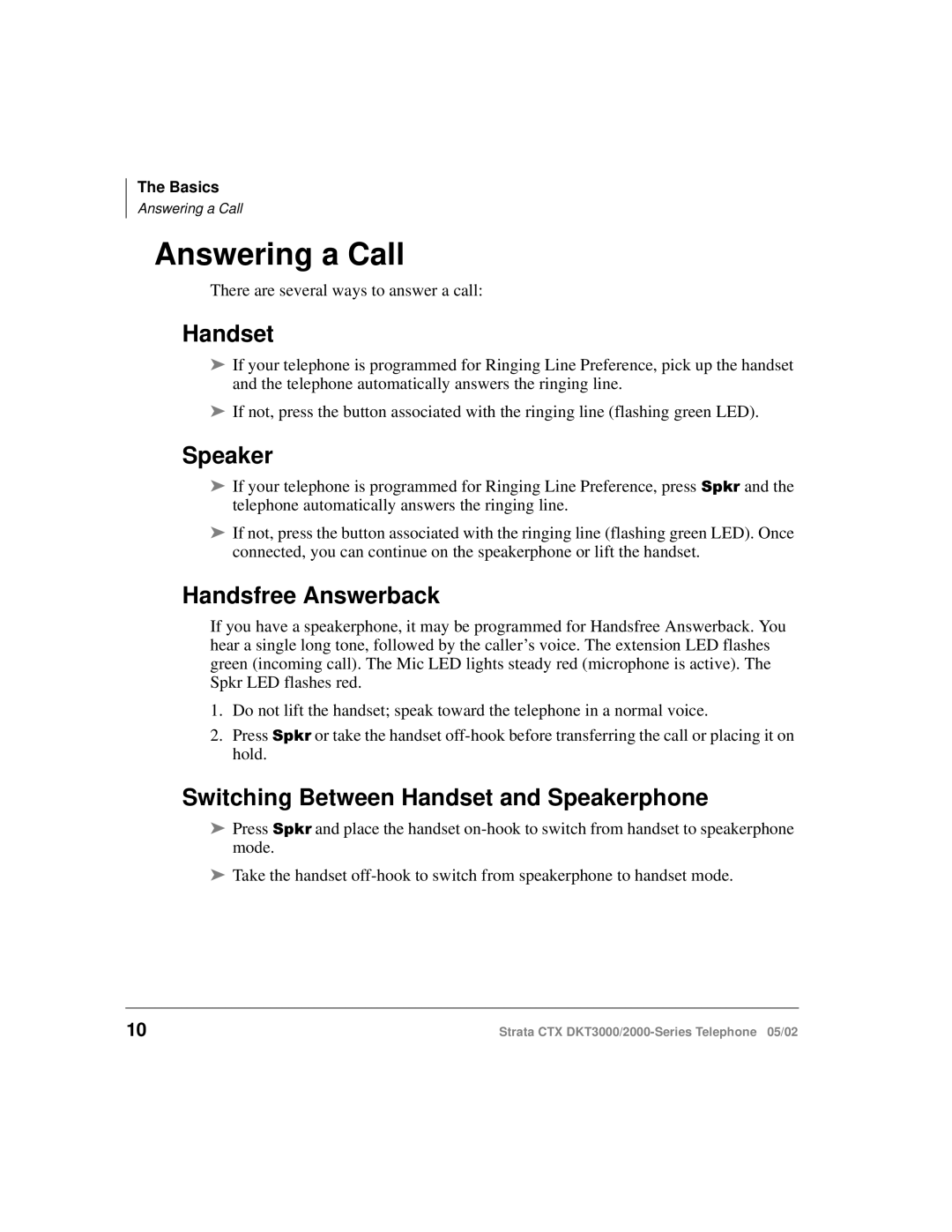 Toshiba DKT3000/2000 manual Answering a Call, Handsfree Answerback, Switching Between Handset and Speakerphone 