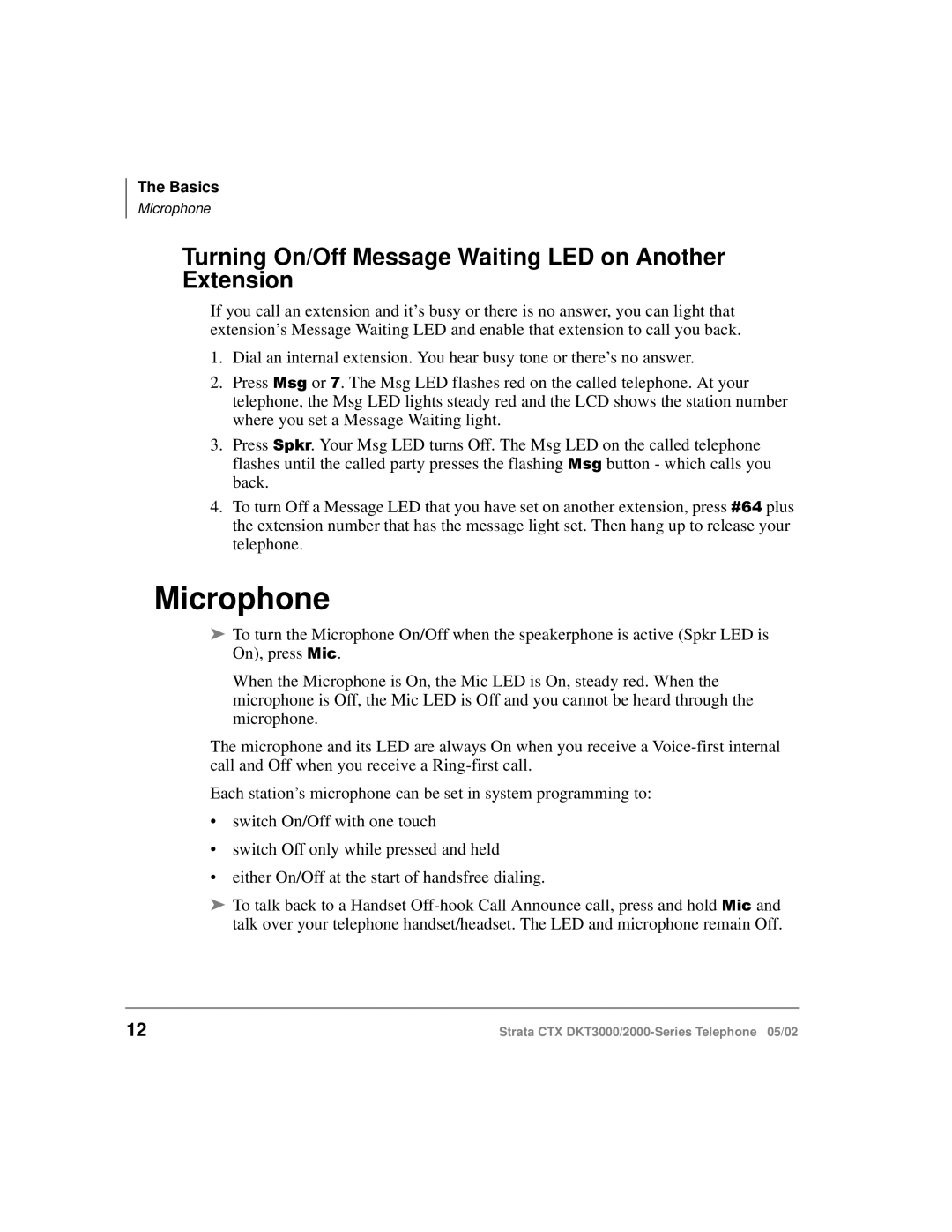 Toshiba DKT3000/2000 manual Microphone, Turning On/Off Message Waiting LED on Another Extension 