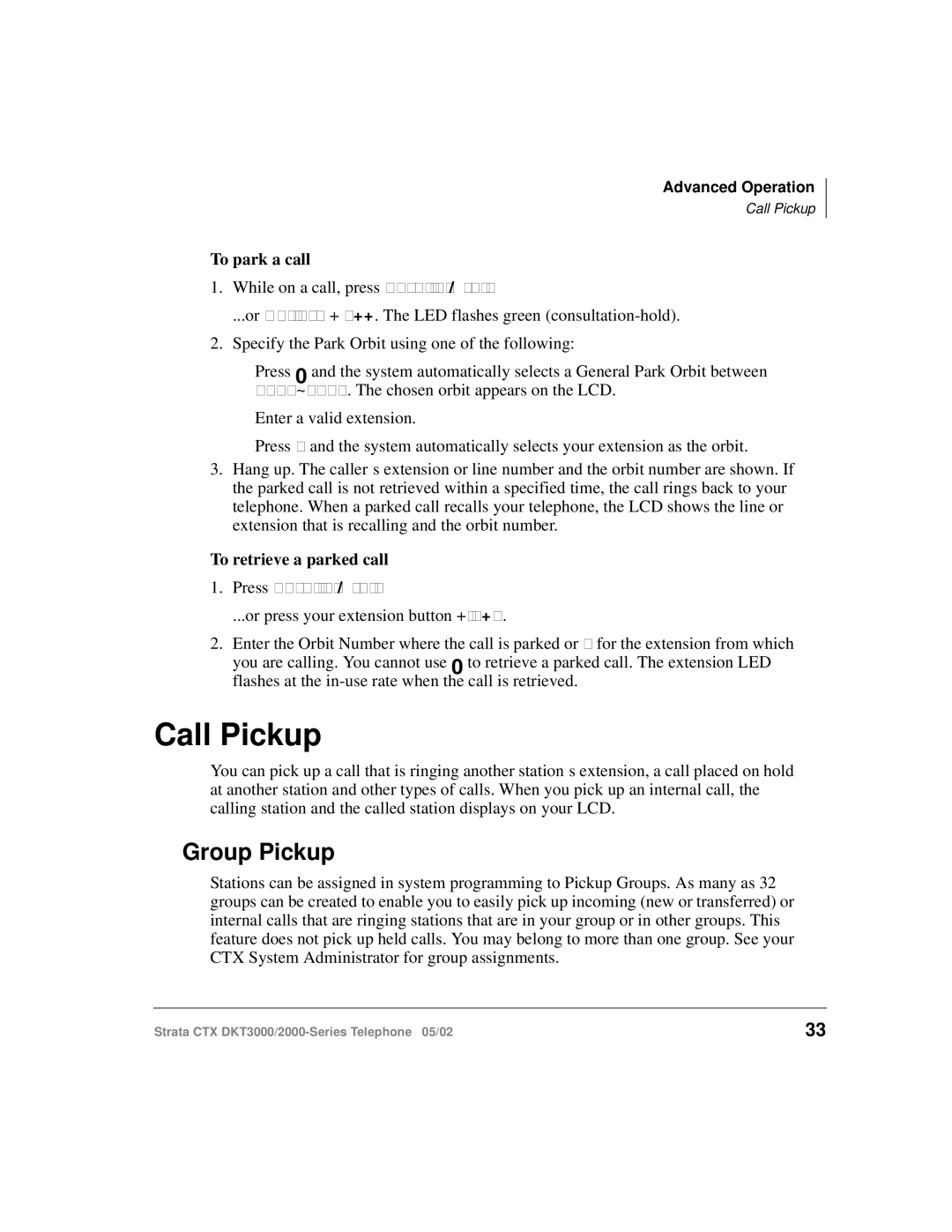 Toshiba DKT3000/2000 manual Call Pickup, Group Pickup, To park a call, To retrieve a parked call 