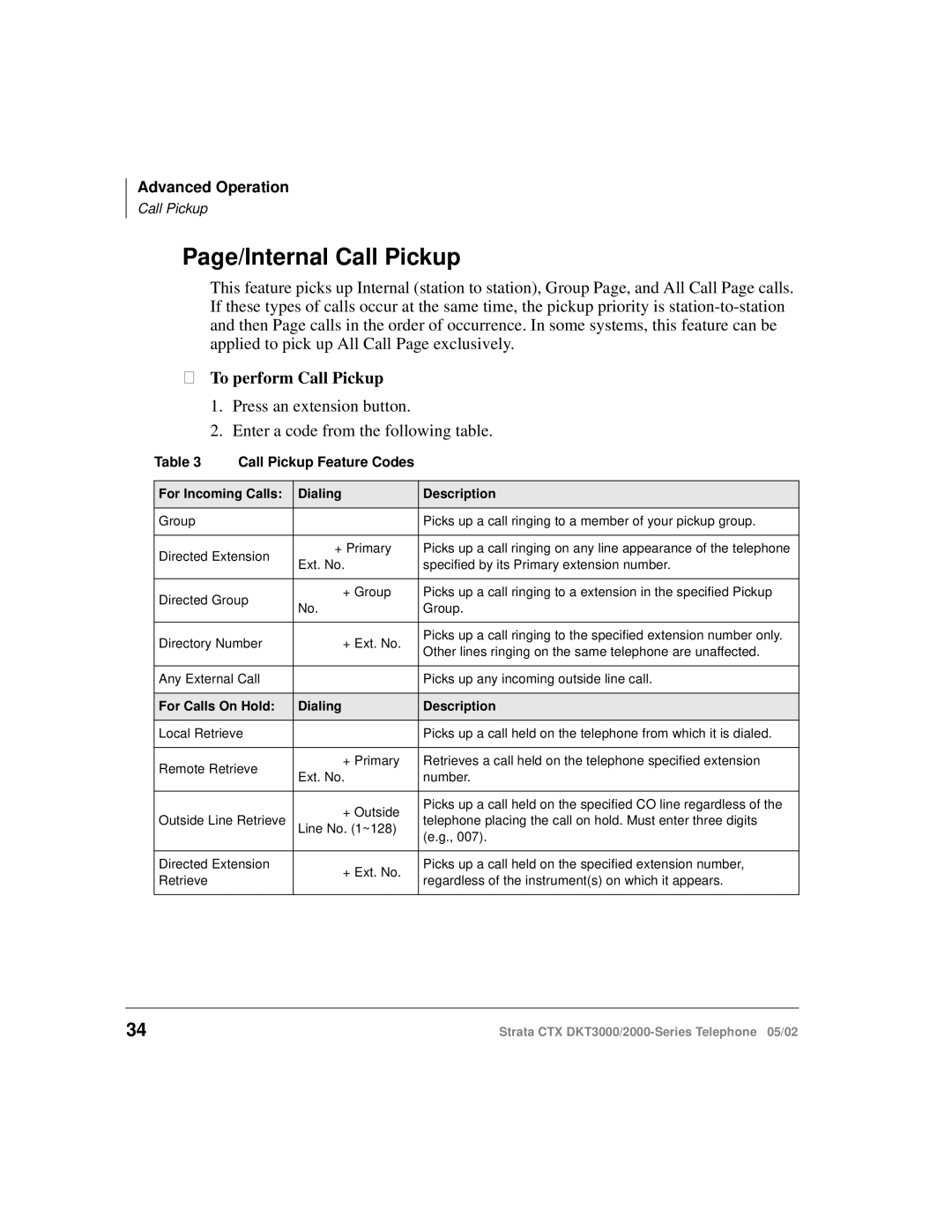 Toshiba DKT3000/2000 manual Page/Internal Call Pickup, To perform Call Pickup 