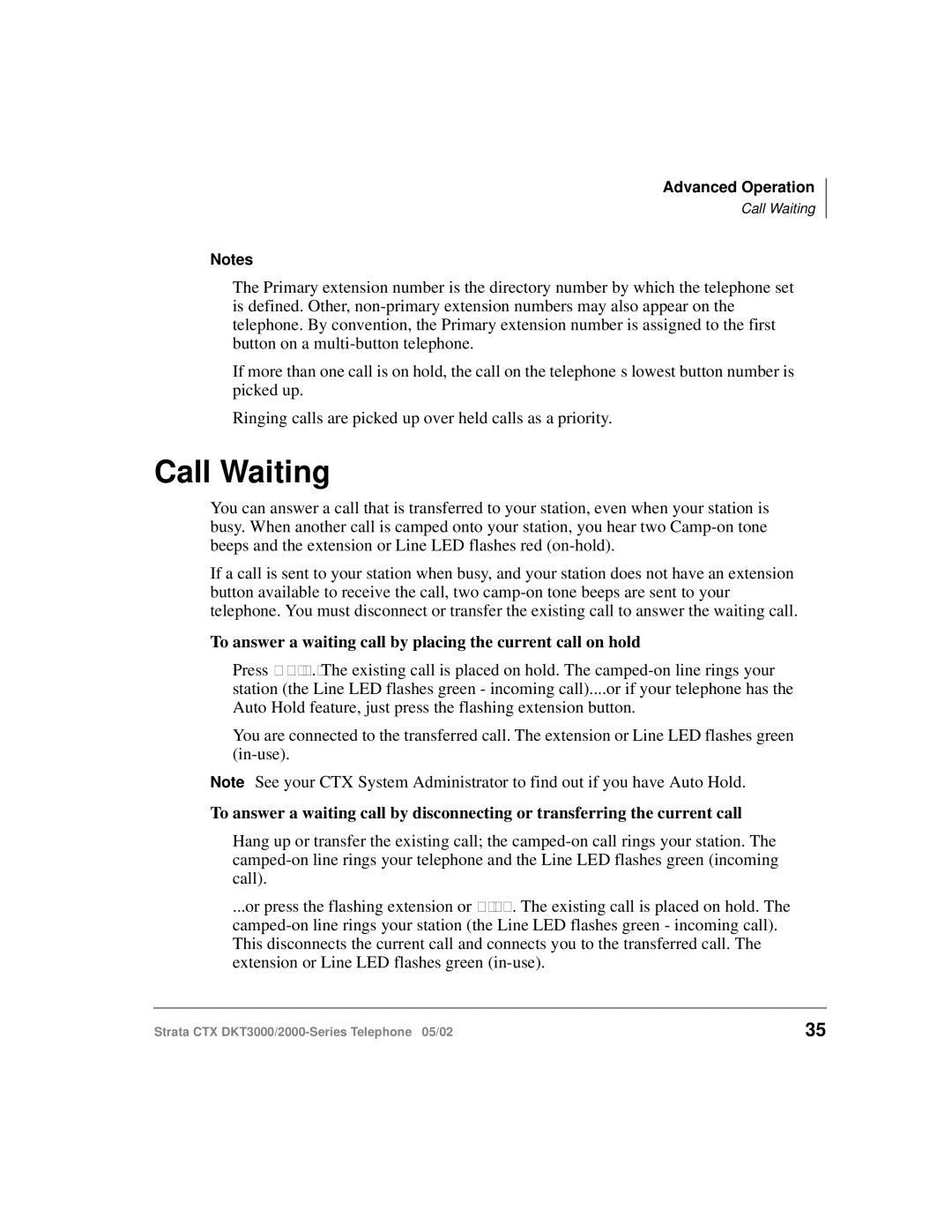 Toshiba DKT3000/2000 manual Call Waiting, To answer a waiting call by placing the current call on hold 