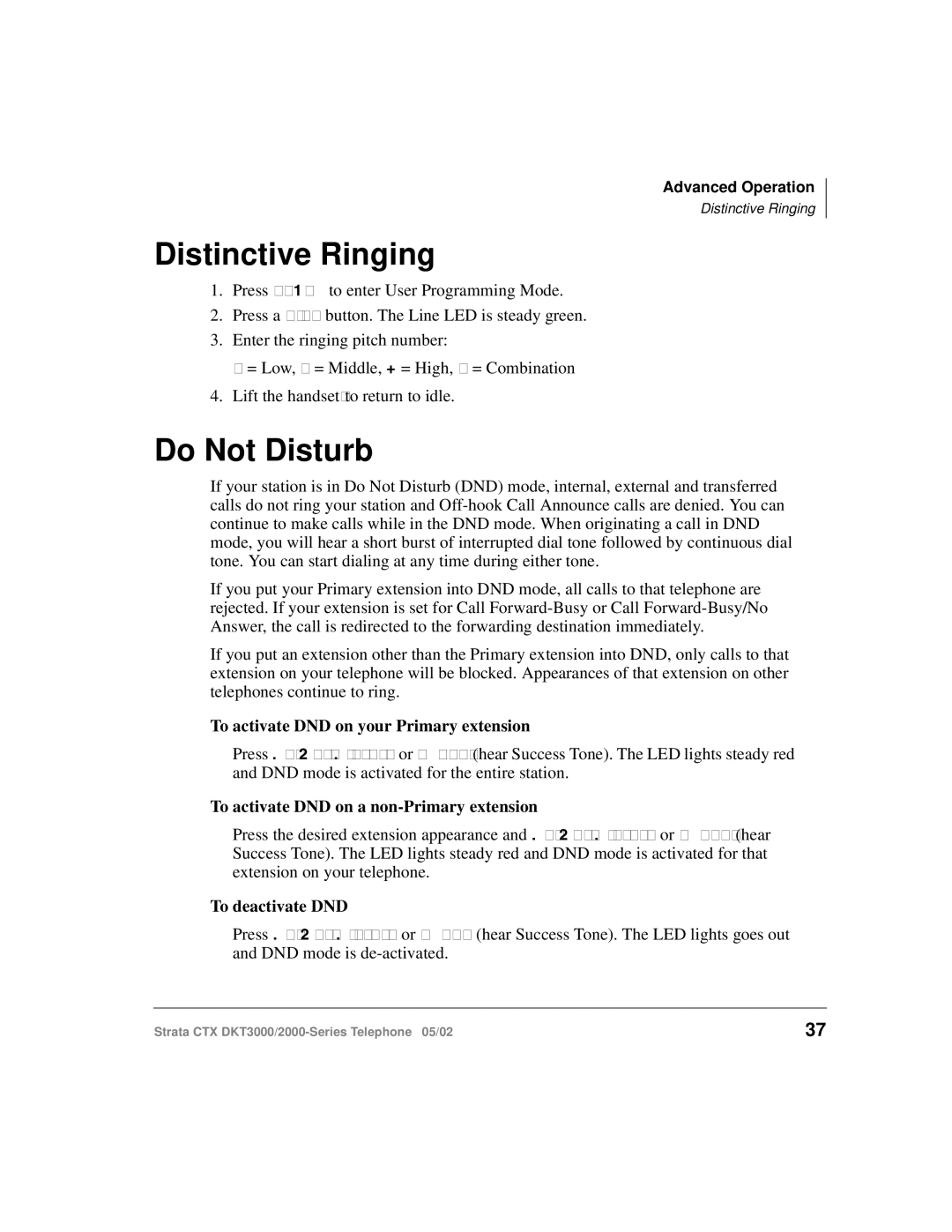 Toshiba DKT3000/2000 Distinctive Ringing, Do Not Disturb, To activate DND on your Primary extension, To deactivate DND 