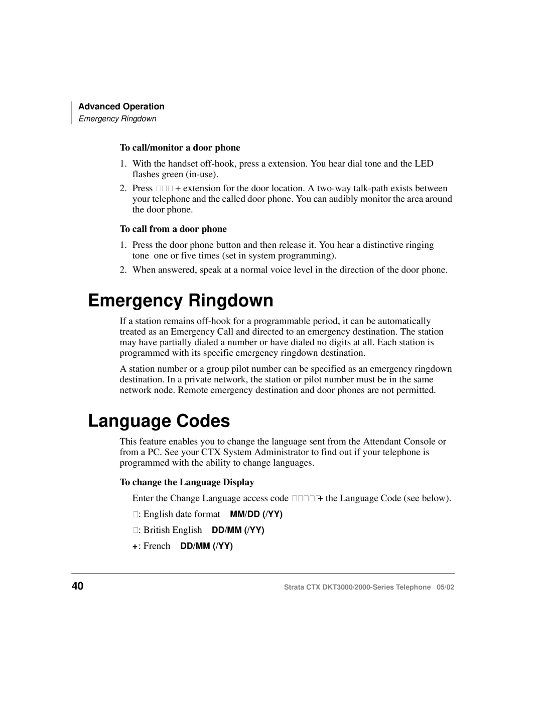 Toshiba DKT3000/2000 manual Emergency Ringdown, Language Codes, To call/monitor a door phone, To call from a door phone 