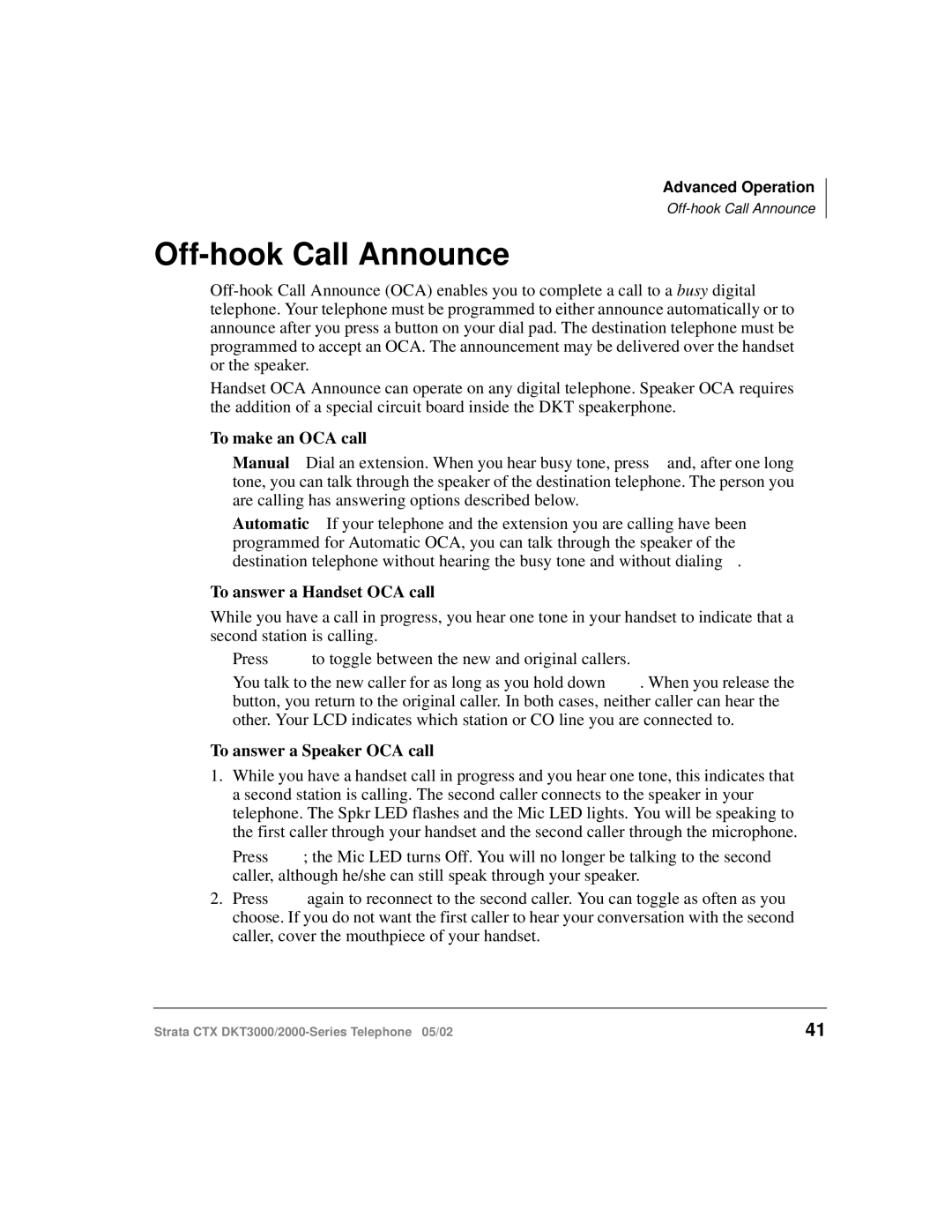 Toshiba DKT3000/2000 manual Off-hook Call Announce, To make an OCA call, To answer a Handset OCA call 