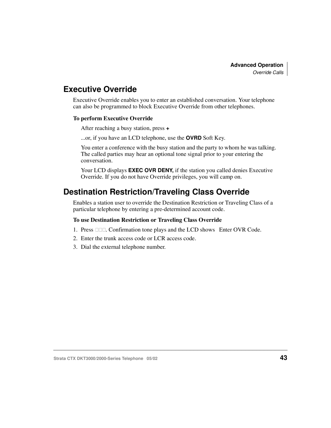 Toshiba DKT3000/2000 manual Destination Restriction/Traveling Class Override, To perform Executive Override 