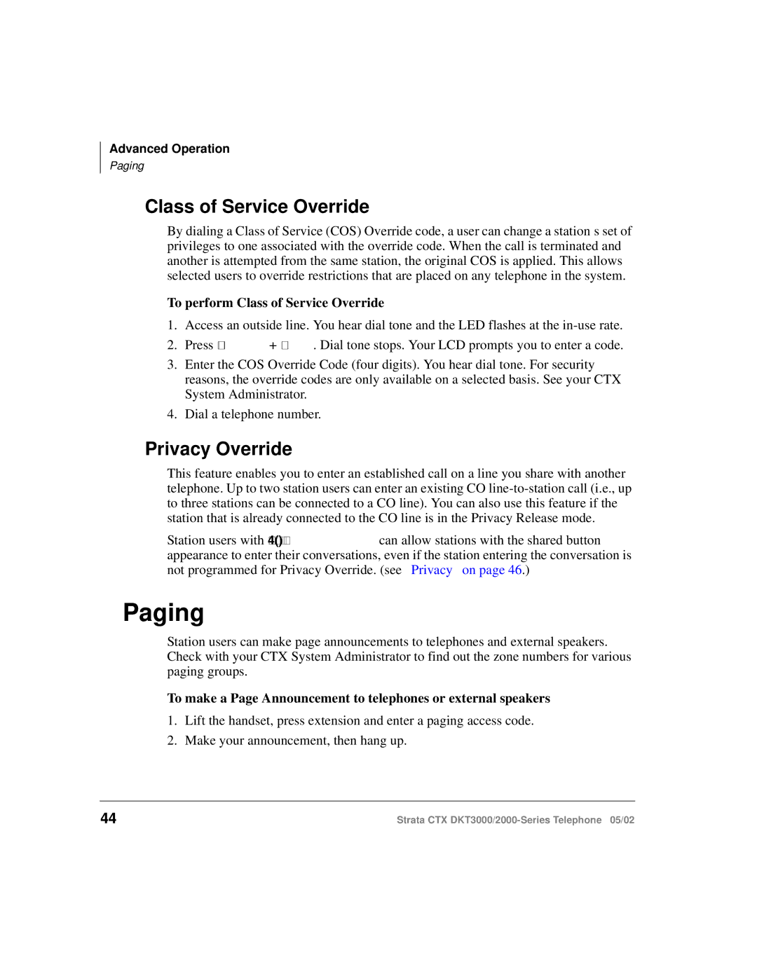 Toshiba DKT3000/2000 manual Paging, Privacy Override, To perform Class of Service Override 