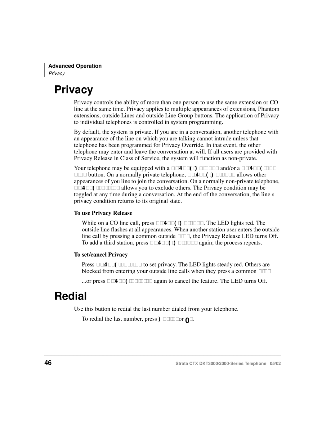 Toshiba DKT3000/2000 manual Redial, To use Privacy Release, To set/cancel Privacy 