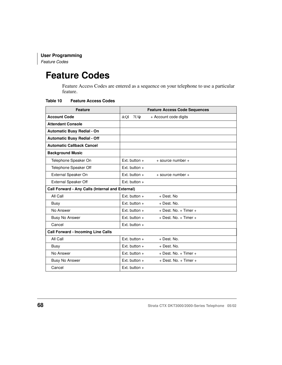 Toshiba DKT3000/2000 manual Feature Codes, Feature Access Codes 