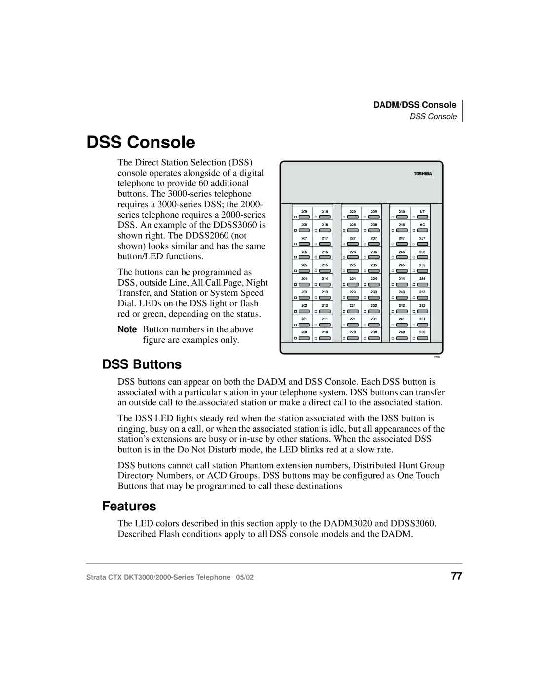 Toshiba DKT3000/2000 manual DSS Console, DSS Buttons, Features 