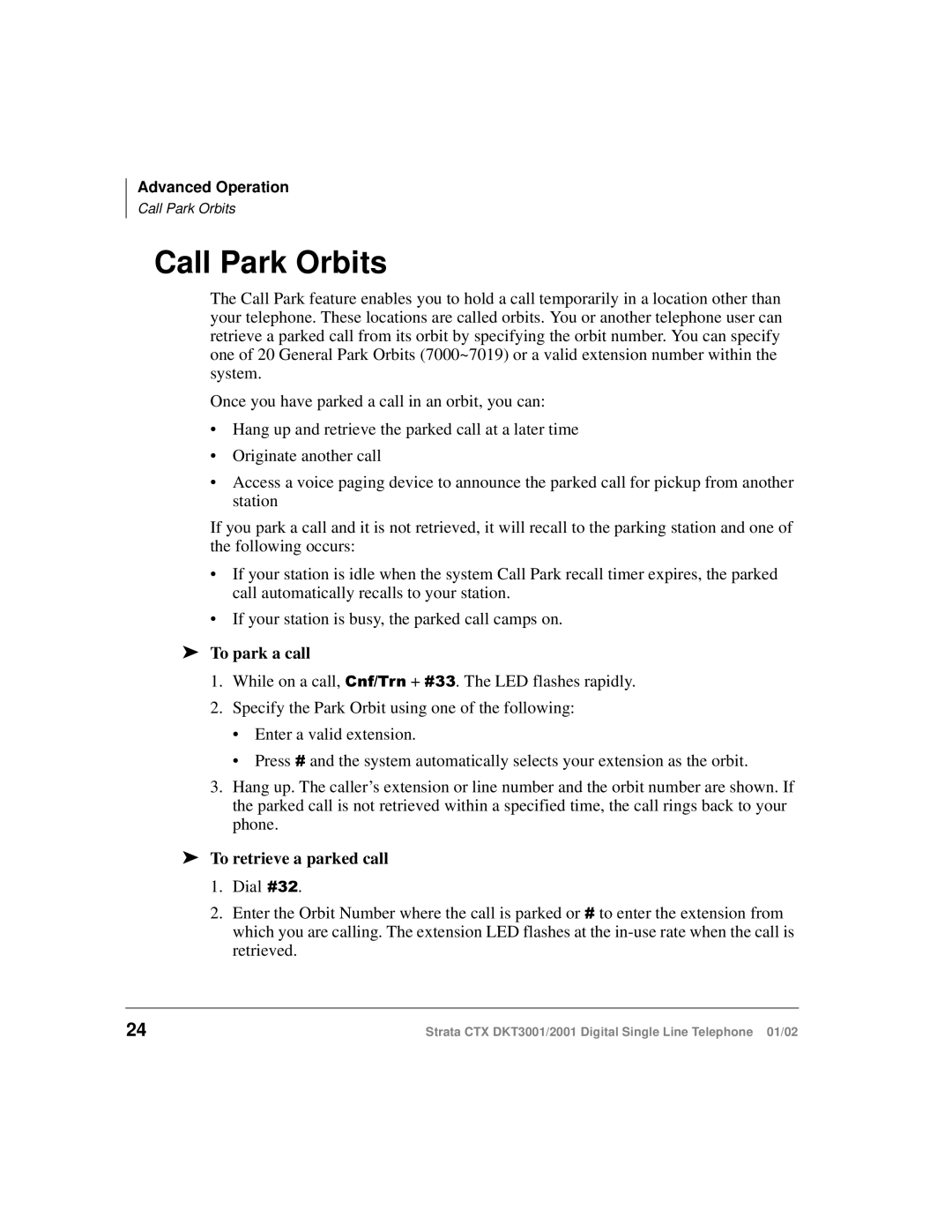 Toshiba DKT3001/2001 manual Call Park Orbits, To park a call, To retrieve a parked call 