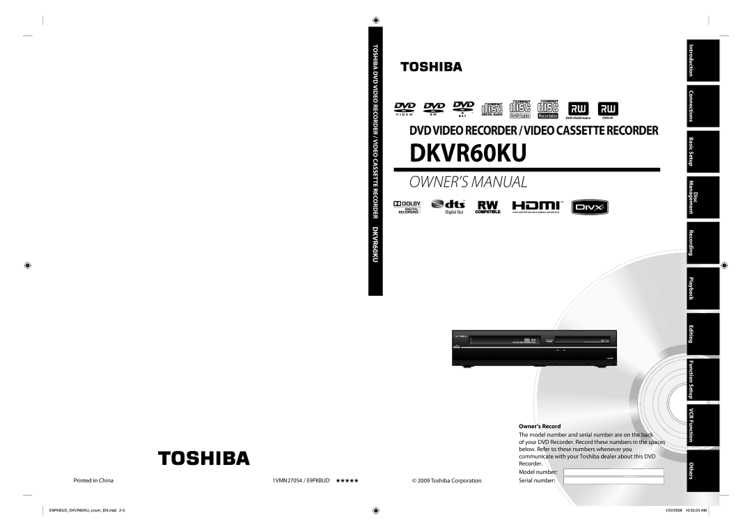 Toshiba DKVR60KU owner manual Owner’s Record, Editing 