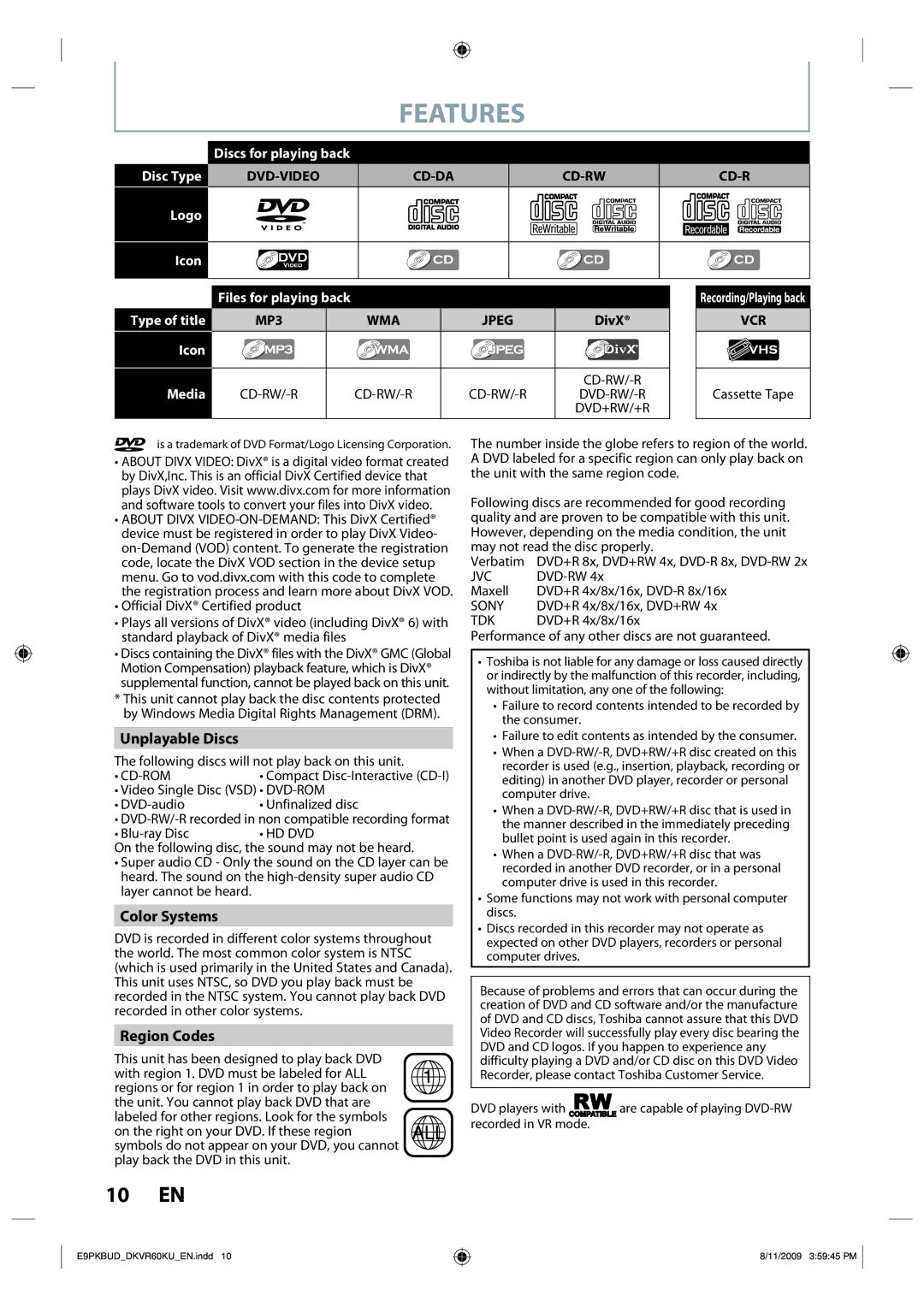 Toshiba DKVR60KU owner manual Unplayable Discs, Color Systems, Region Codes, Cd-Da Cd-Rw, Vcr 