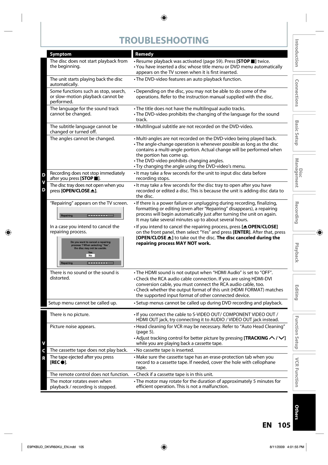 Toshiba DKVR60KU owner manual Troubleshooting 