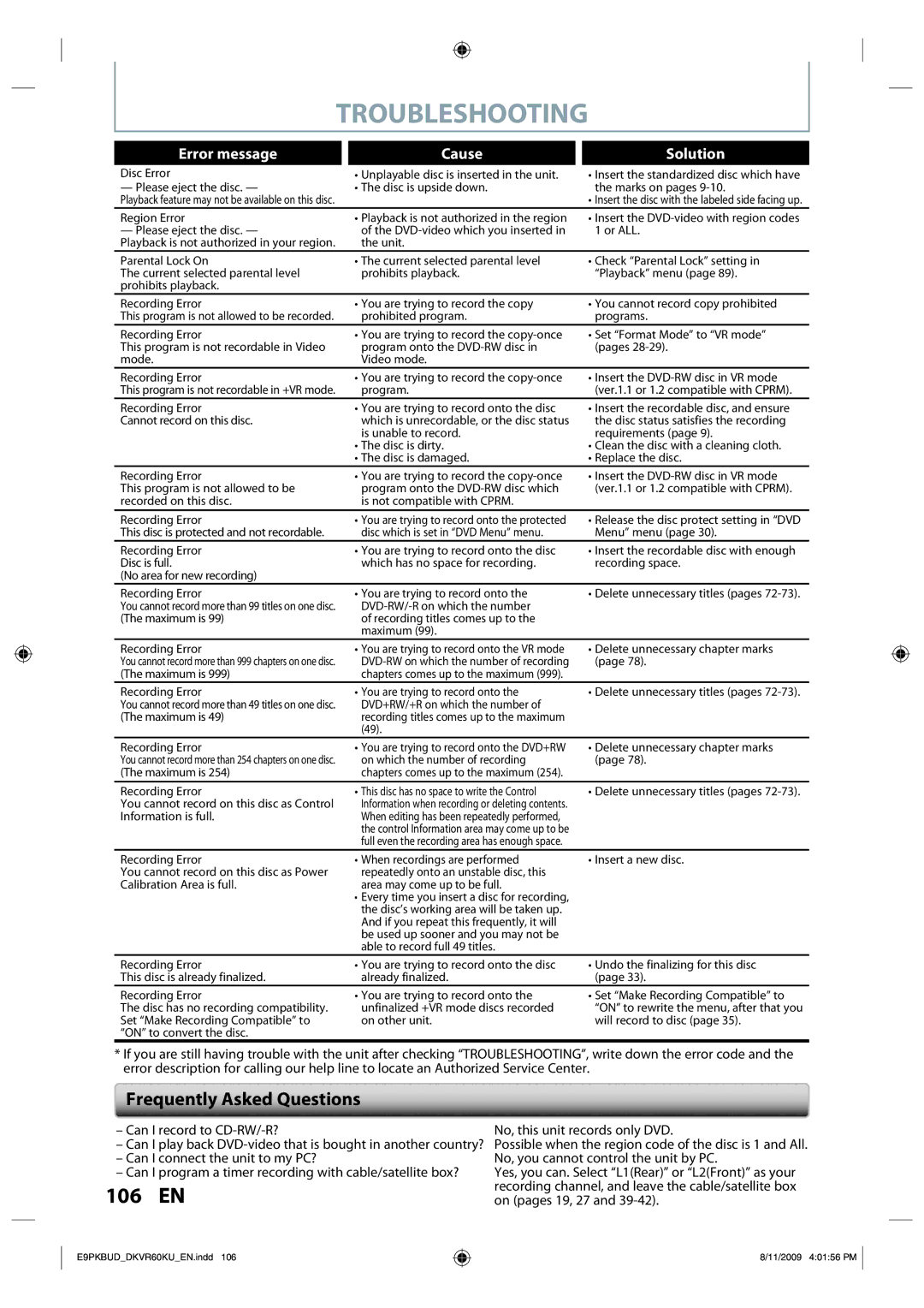 Toshiba DKVR60KU owner manual Frequently Asked Questions, Can I record to CD-RW/-R? 