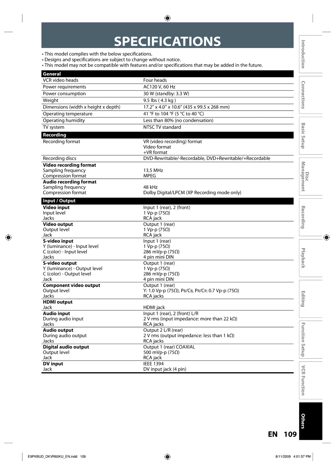 Toshiba DKVR60KU owner manual Specifications, General, Recording, Input / Output 