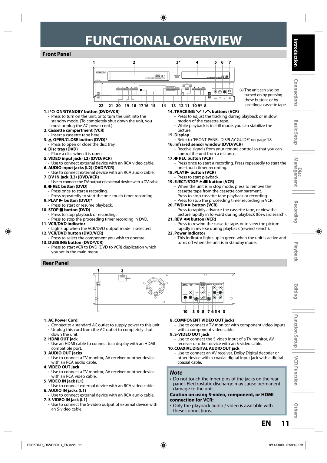 Toshiba DKVR60KU owner manual Functional Overview, Front Panel, Rear Panel, Introduction Connections 