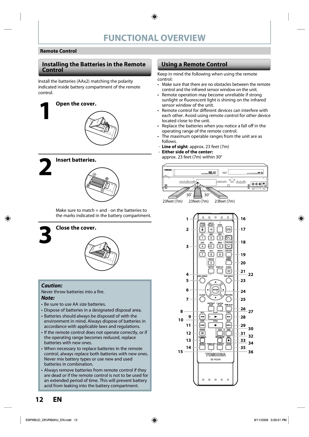 Toshiba DKVR60KU owner manual Functional Overview, Installing the Batteries in the Remote Control, Using a Remote Control 