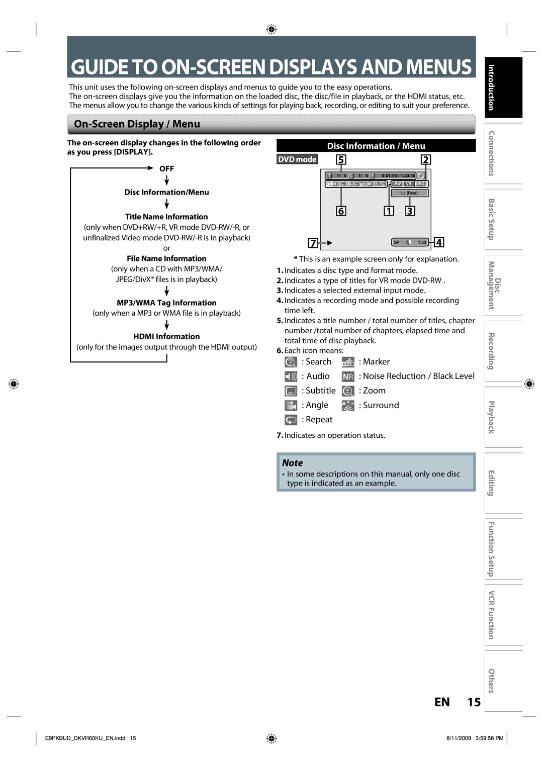 Toshiba DKVR60KU owner manual On-Screen Display / Menu, Off 