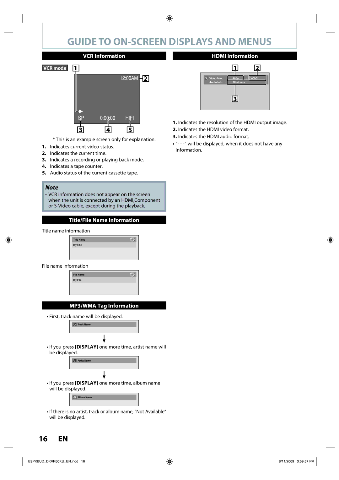 Toshiba DKVR60KU owner manual Guide to ON-SCREEN Displays and Menus, Title name information, File name information 