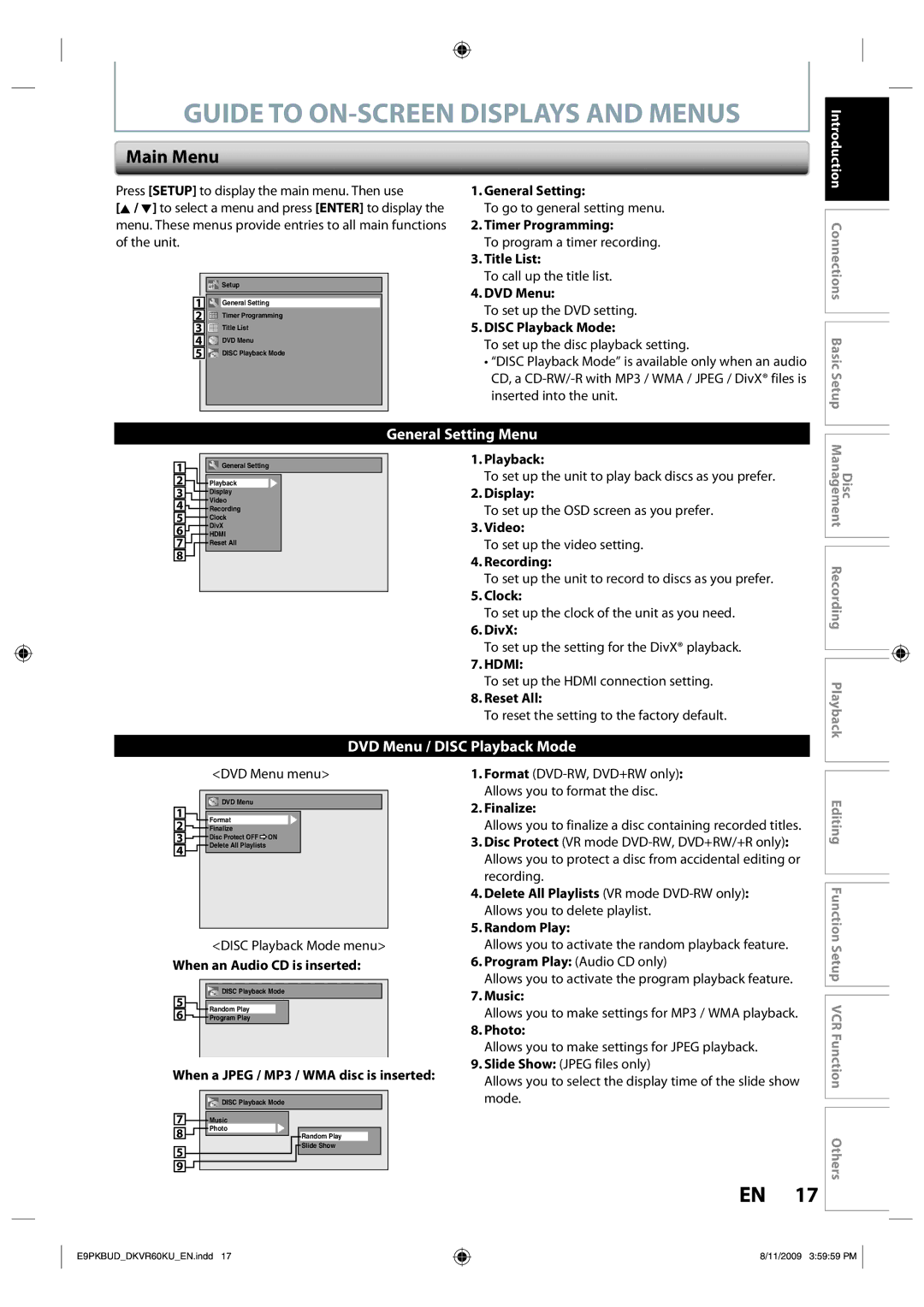 Toshiba DKVR60KU owner manual Main Menu 