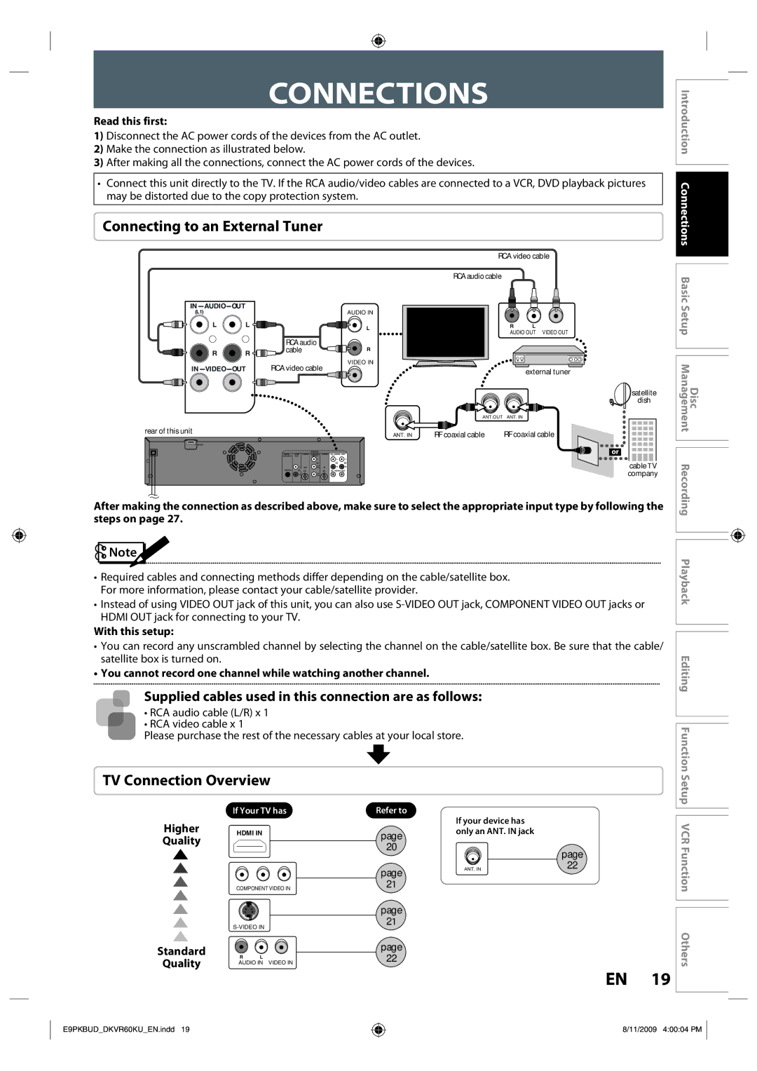 Toshiba DKVR60KU owner manual Connections, Connecting to an External Tuner, TV Connection Overview 