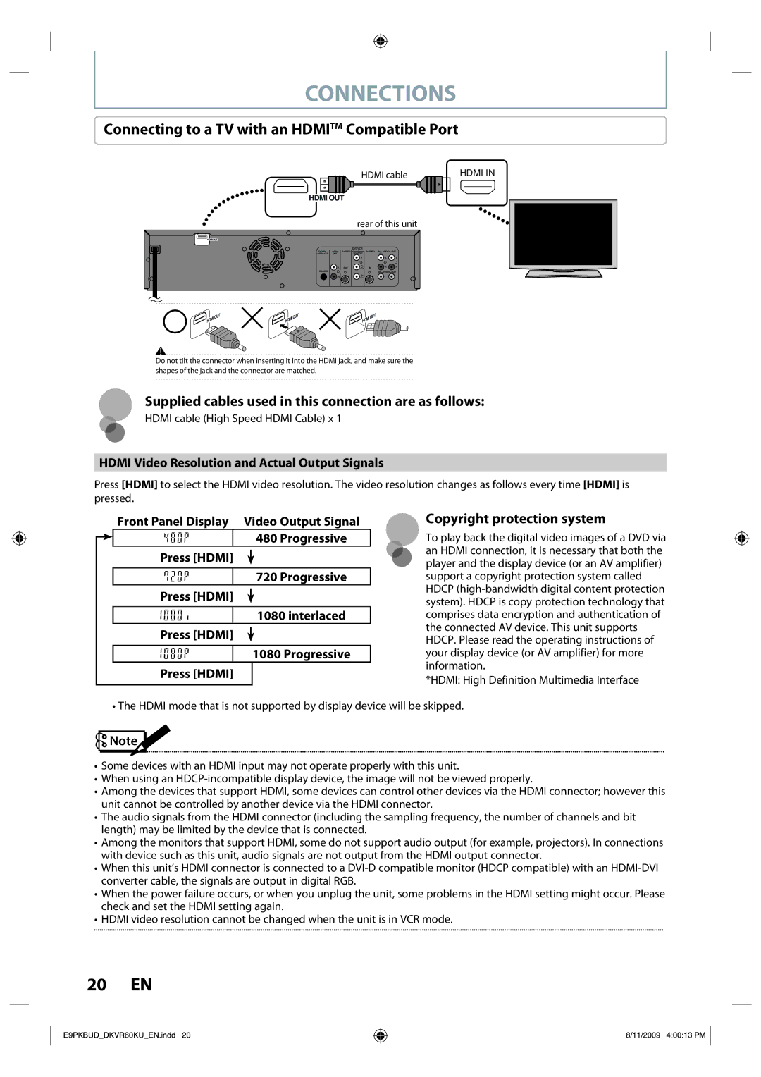 Toshiba DKVR60KU owner manual Connections, Connecting to a TV with an Hdmitm Compatible Port, Copyright protection system 