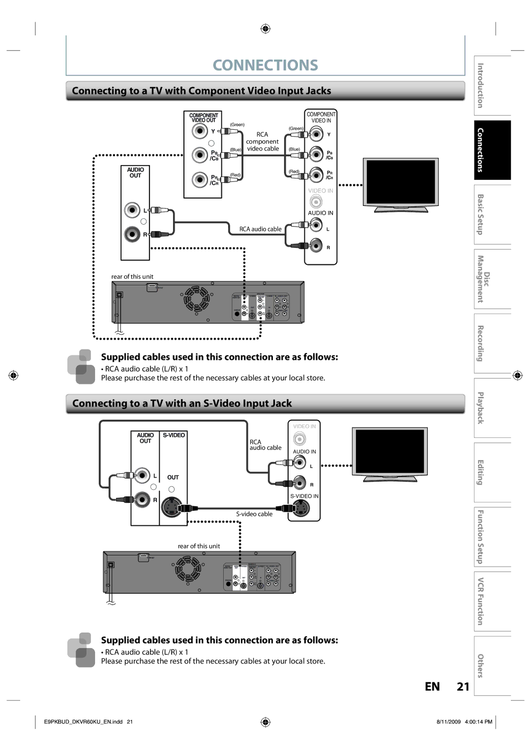 Toshiba DKVR60KU Connecting to a TV with Component Video Input Jacks, Connecting to a TV with an S-Video Input Jack 