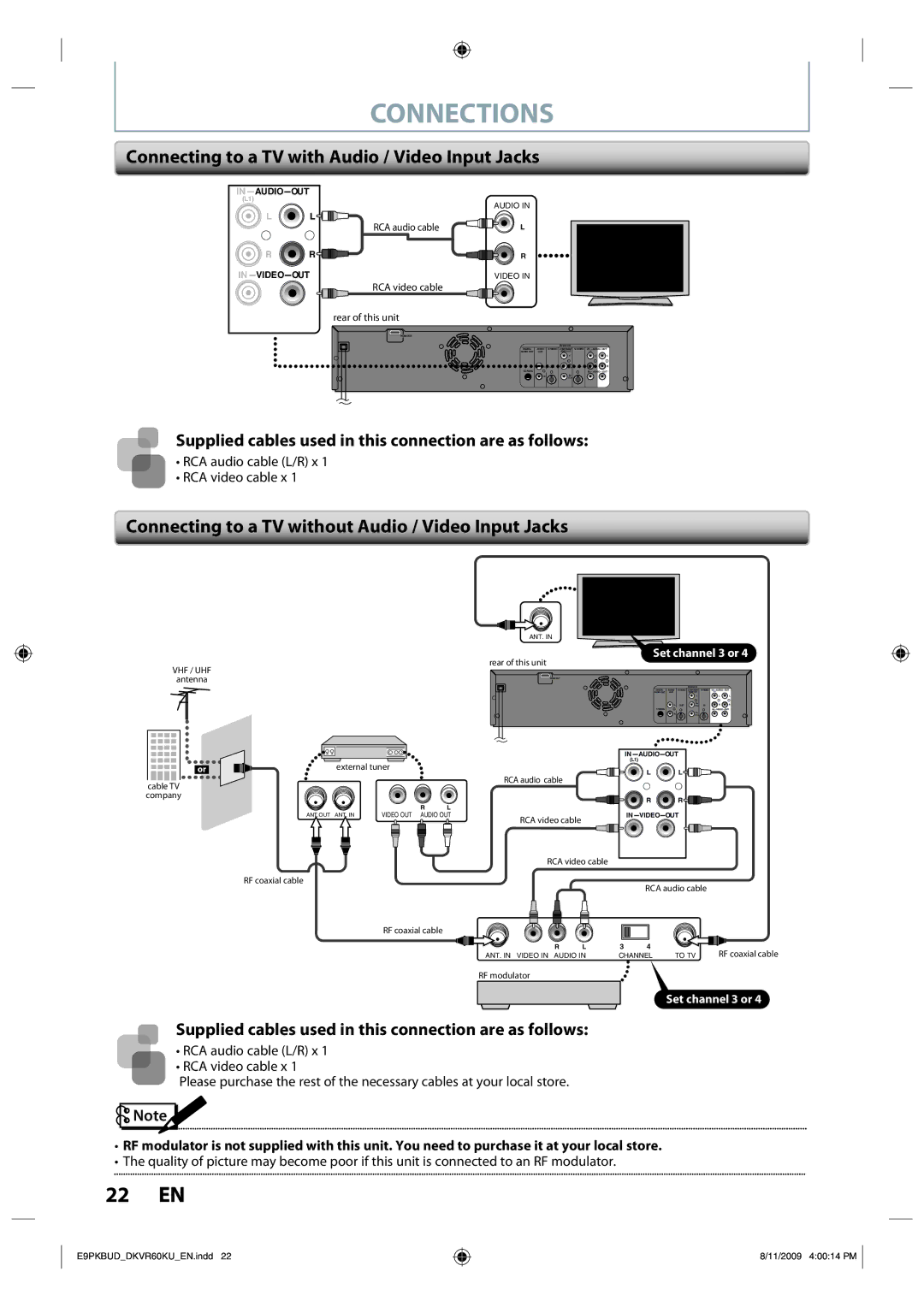 Toshiba DKVR60KU Connecting to a TV with Audio / Video Input Jacks, Connecting to a TV without Audio / Video Input Jacks 