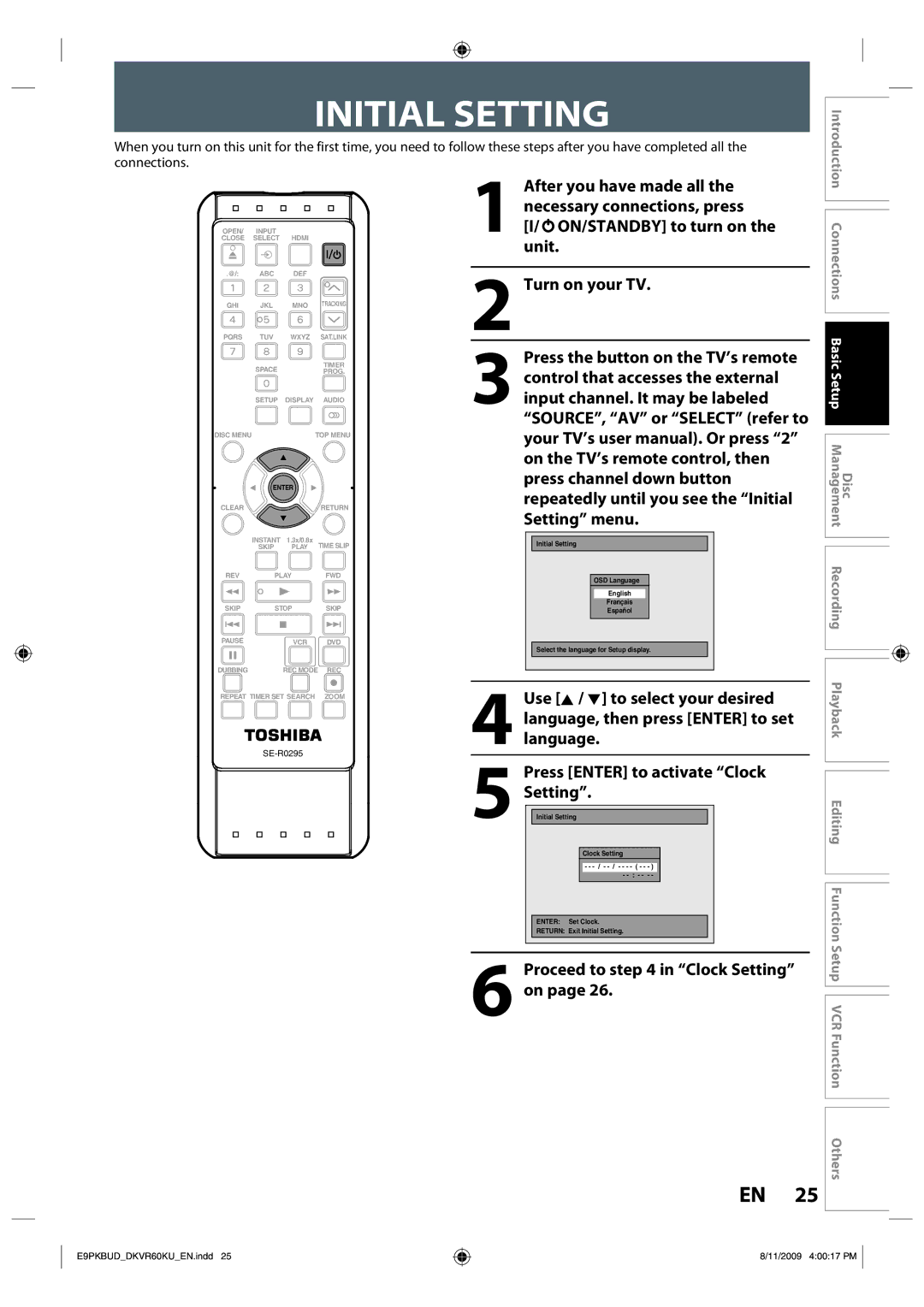 Toshiba DKVR60KU owner manual Initial Setting, Proceed to in Clock Setting on 