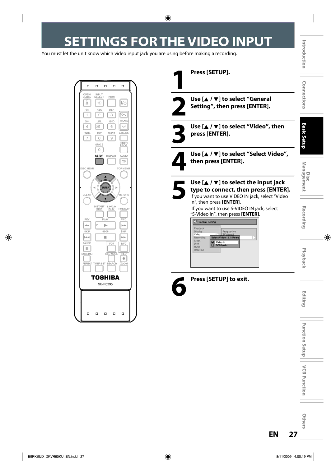 Toshiba DKVR60KU owner manual Settings for the Video Input, Connections 