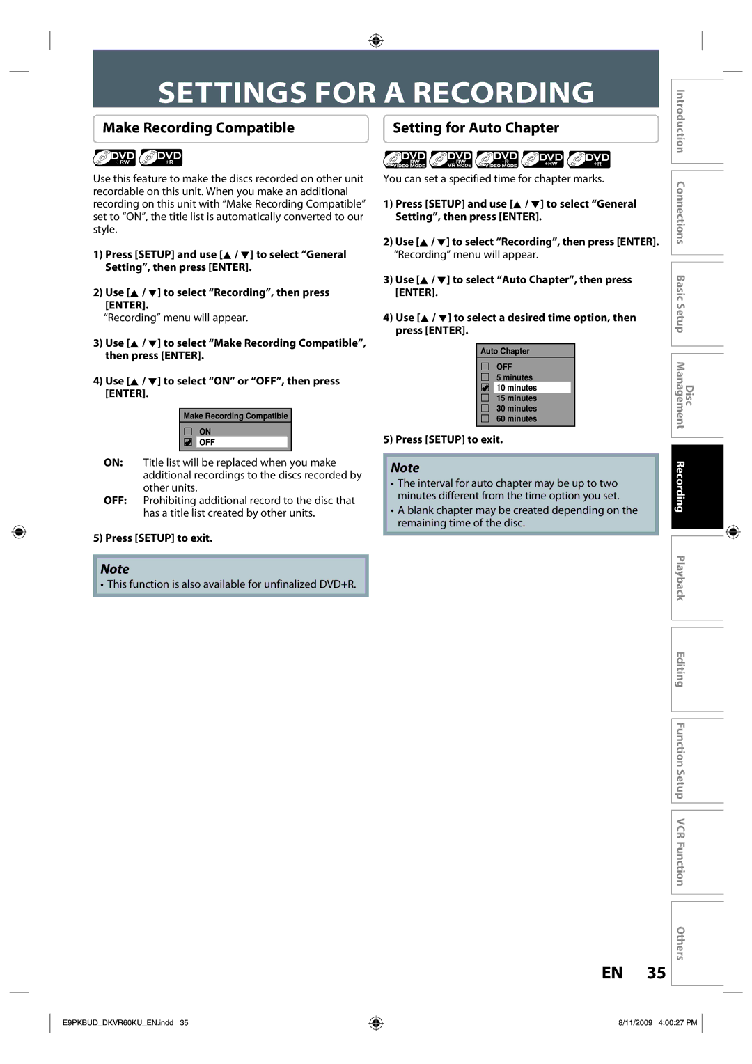 Toshiba DKVR60KU owner manual Settings for a Recording, Make Recording Compatible, Setting for Auto Chapter, Enter 